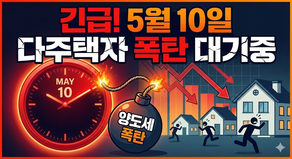 5월 10일 양도세 중과 유예 종료를 경고하는 붉은색 세금 폭탄 아이콘과 부동산 시장 차트