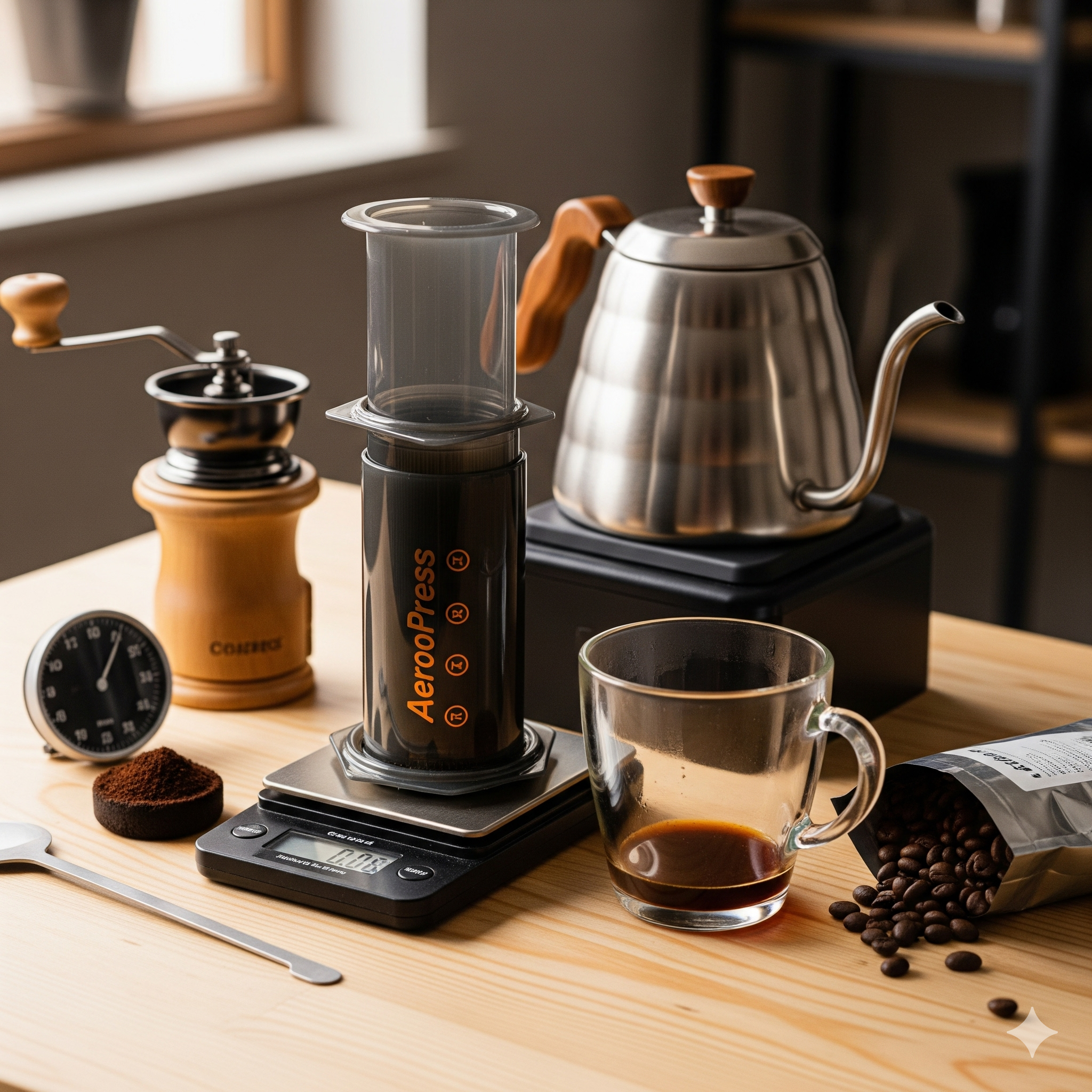 에어로프레스와 커피 추출 도구가 놓인 모습 (이미지 생성:google)