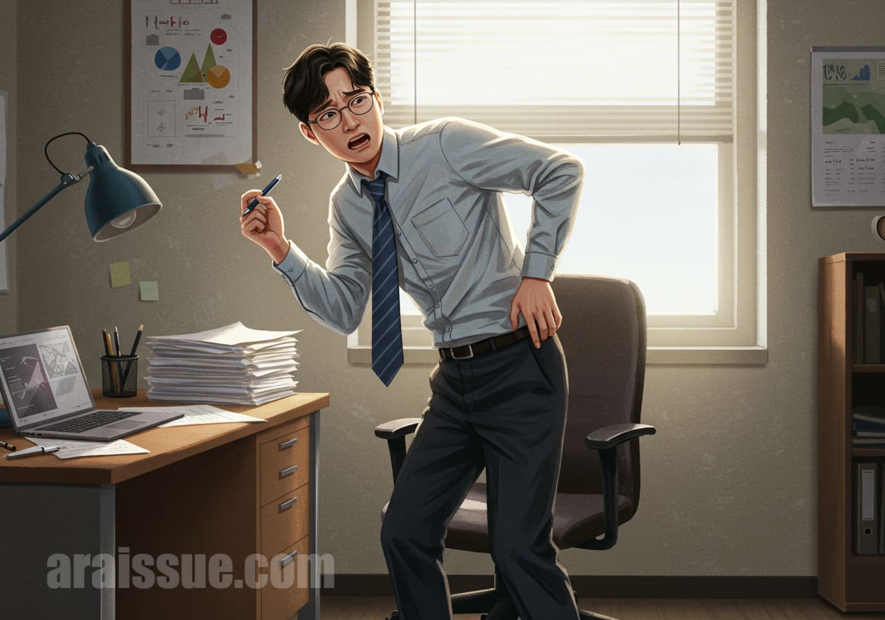 사무실에서 가만히 앉지 못하고 초조하게 움직이는 한국 성인 남성