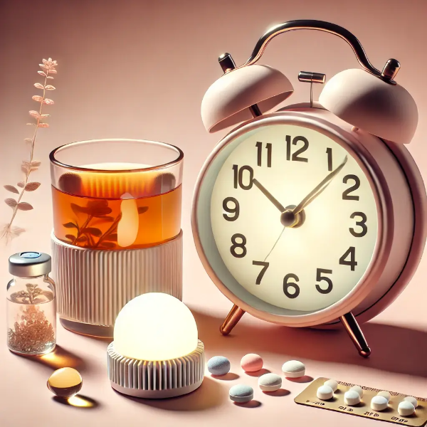 코르티솔 리듬 재설정을 위한 아침 루틴 소품들, 알람 시계와 허브티, 부드러운 스튜디오 컷