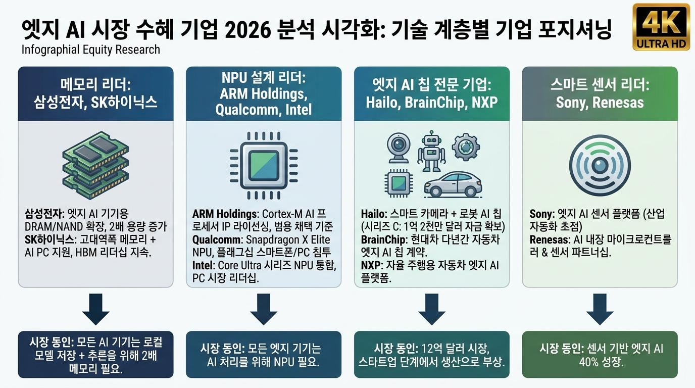 2026년 엣지 AI 수혜주 - 삼성·SK메모리, ARM·퀄컴NPU, Hailo·BrainChip 칩, Sony·르네사스 센서, 시장점유율