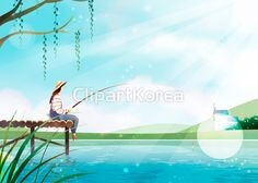 나무로-만든-선착장에-앉아-여유롭게-낚시대를-드리운-소녀