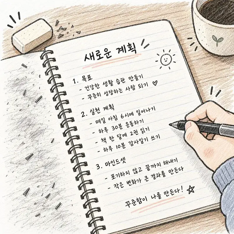 백절불굴의 의미를 표현한 일러스트로, 새로운 계획을 세우고 포기하지 않으며 꾸준히 다시 도전하려는 의지를 노트에 정리하는 모습