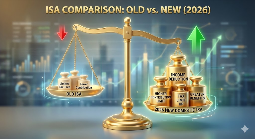 기존 ISA와 2026년형 국내 전용 ISA를 비교하는 저울 이미지. 국내형 쪽에 '소득공제', '한도 확대'라는 황금추가 올려져 있어 훨씬 무겁게 기우는 모습