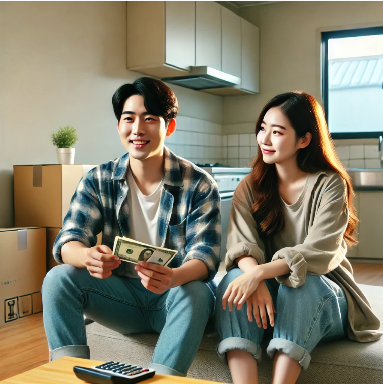 새로 전세계약을 마친 후 재정 계획을 세우는 커플의 모습