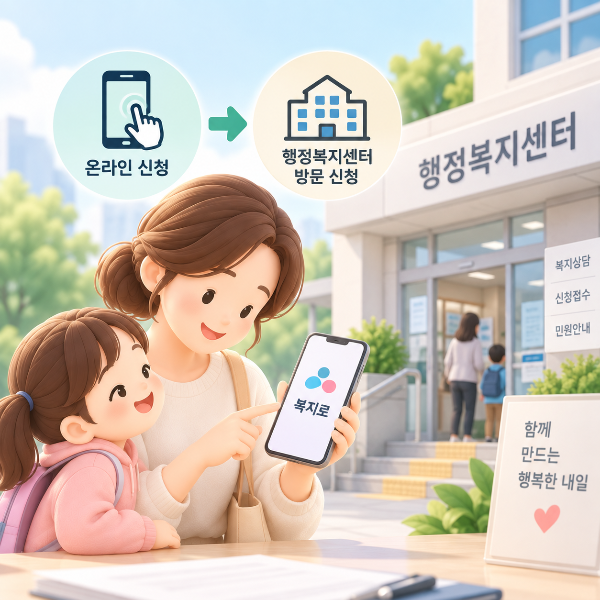 한부모가정 지원 신청을 위한 온라인 신청과 행정복지센터 방문 이미지