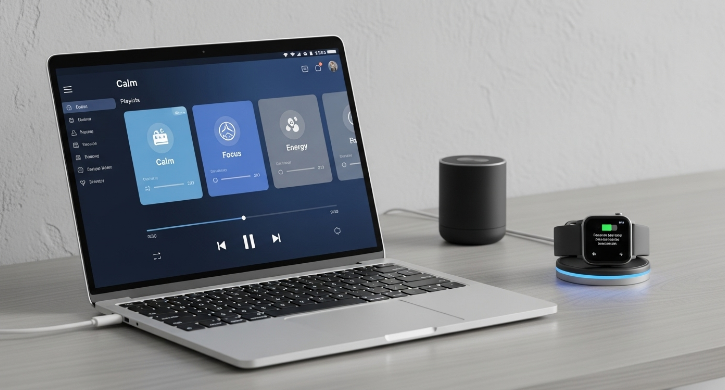 노트북 화면에 명상 음악 플레이리스트가 보이고 스마트워치가 연동된 깔끔한 책상, 자동화된 휴식 시스템