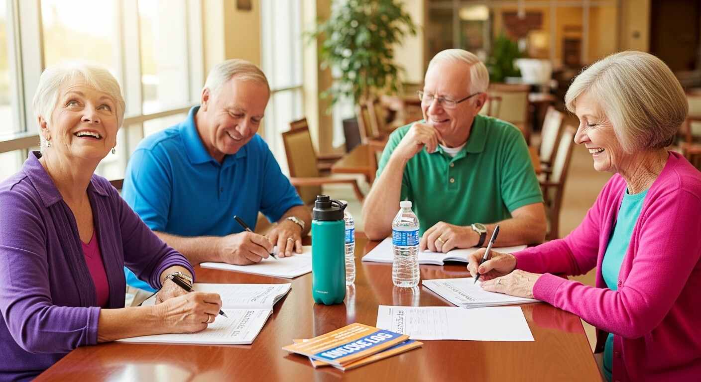 운동 일지 작성하는 모습 밝고 건강한 표정시니어 모습