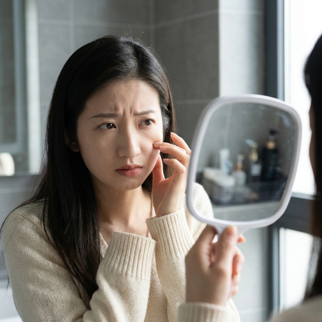 거울을 보며 처진 피부 탄력을 걱정하는 여성의 모습