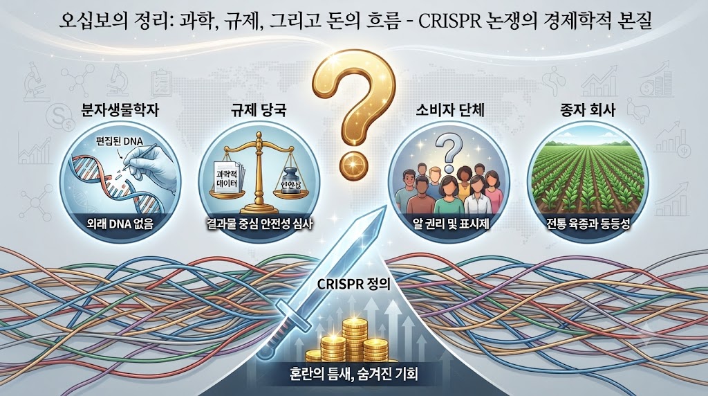이미지 상단에는 거대한 질문 상자가 떠 있고, 그 아래로 네 개의 상징적인 아이콘이 배치됩니다. 첫 번째 '분자생물학자' 아이콘은 외래 DNA가 없음을 강조하고, 두 번째 '규제 당국' 아이콘은 결과물의 안전성을 저울질하며, 세 번째 '소비자 단체' 아이콘은 알 권리를 주장하고, 네 번째 '종자 회사' 아이콘은 전통 육종과 같음을 주장합니다. 이 네 가지 서로 다른 관점이 복잡하게 얽혀 있는 실타래를 'CRISPR 정의'라는 칼이 끊어내는 형상으로, 이 혼란스러운 간극 속에 투자와 사업 기회가 숨어 있다는 경제학적 메시지를 전달합니다