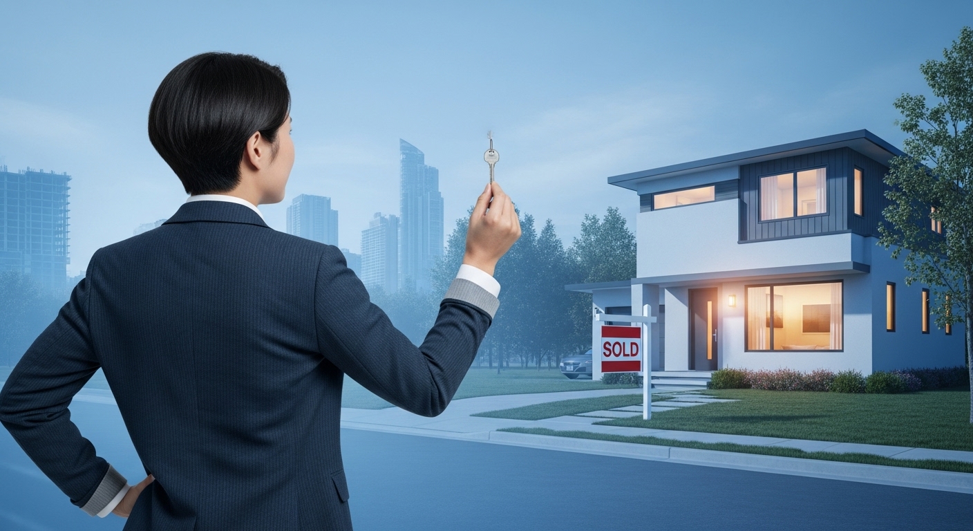 내 집 마련의 꿈을 이룬 30대 여성이 새 집 열쇠를 들고 활짝 웃는 모습