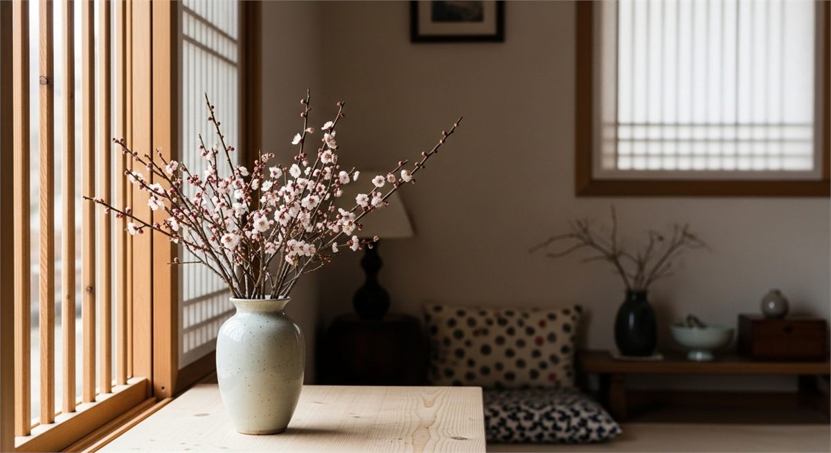 햇살 드는 창가에 매화 가지를 꽂아 둔 실내 장면 