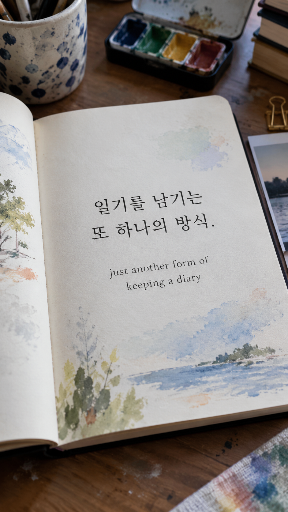 일기를 남기는 또 하나의 방식. &mdash; 현대 책상 위 열린 무문자 스케치 일기와 색 얼룩, 평범한 디지털카메라 근접 사진