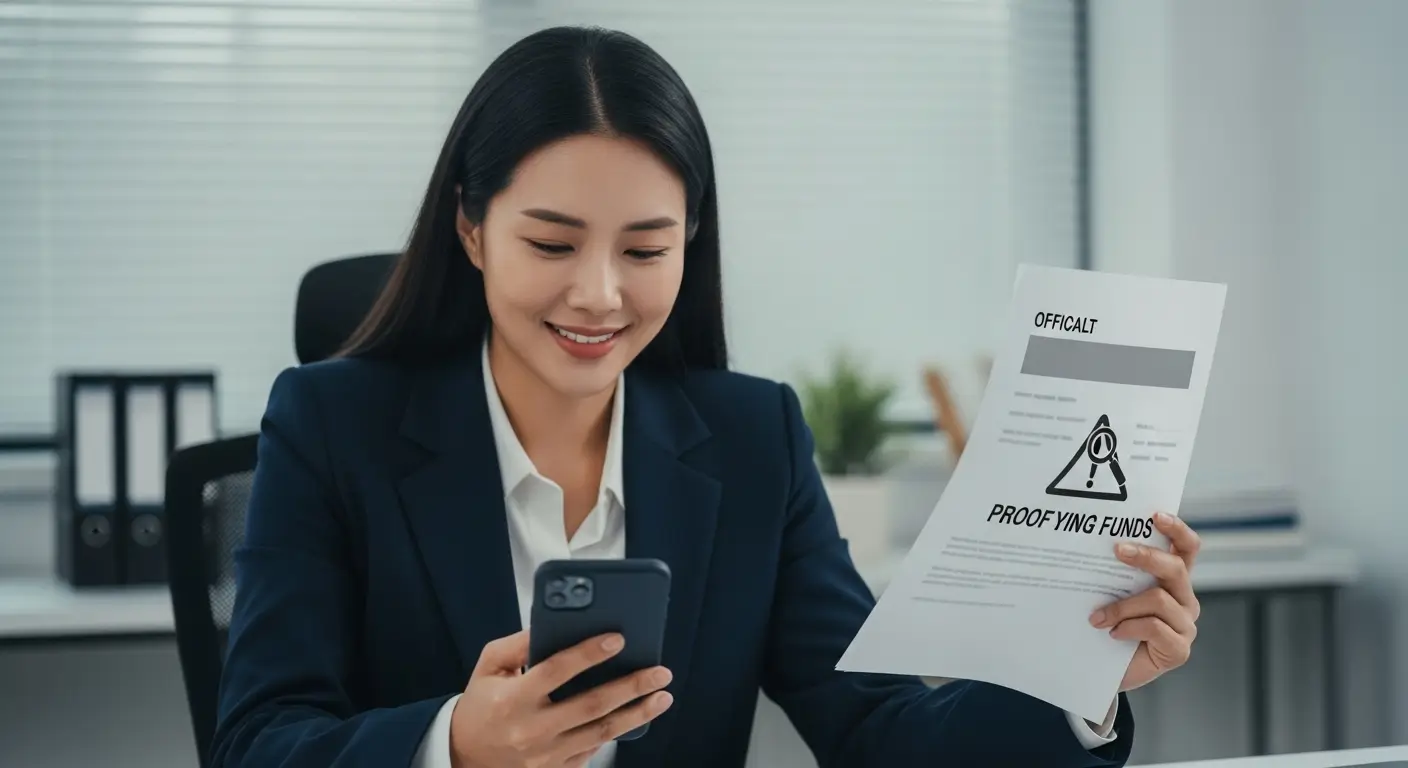 한 한국인 사업자가 주택담보대출 입금 내역을 보며 안도하다가, 은행의 '자금 용도 소명' 요구서를 받고 놀라는 모습