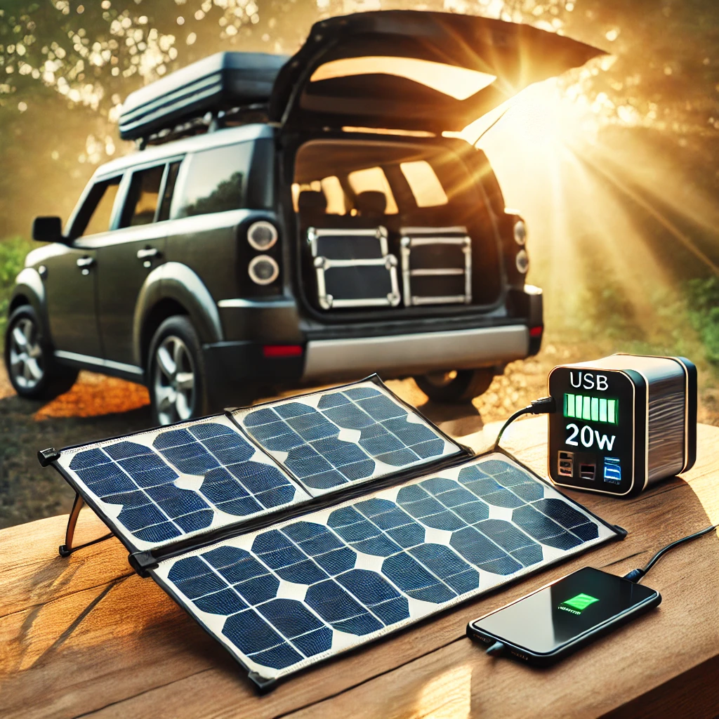 소형 태양광 패널을 이용해 보조배터리와 스마트폰을 충전 중인 간단한 차박 전력 자립 시스템