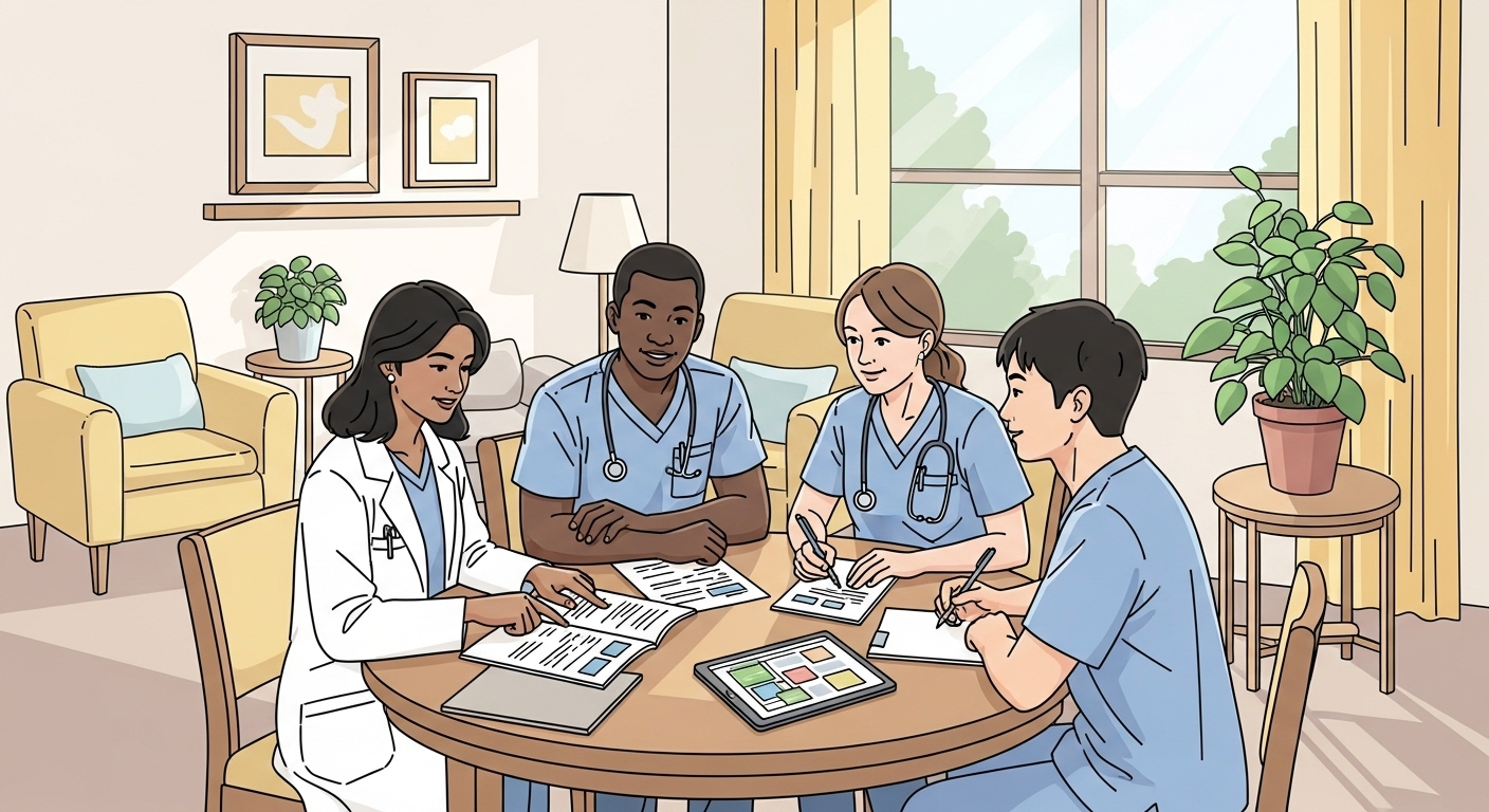 여러 전문가들이 환자 중심의 호스피스 완화 의료 계획을 논의하는 모습.