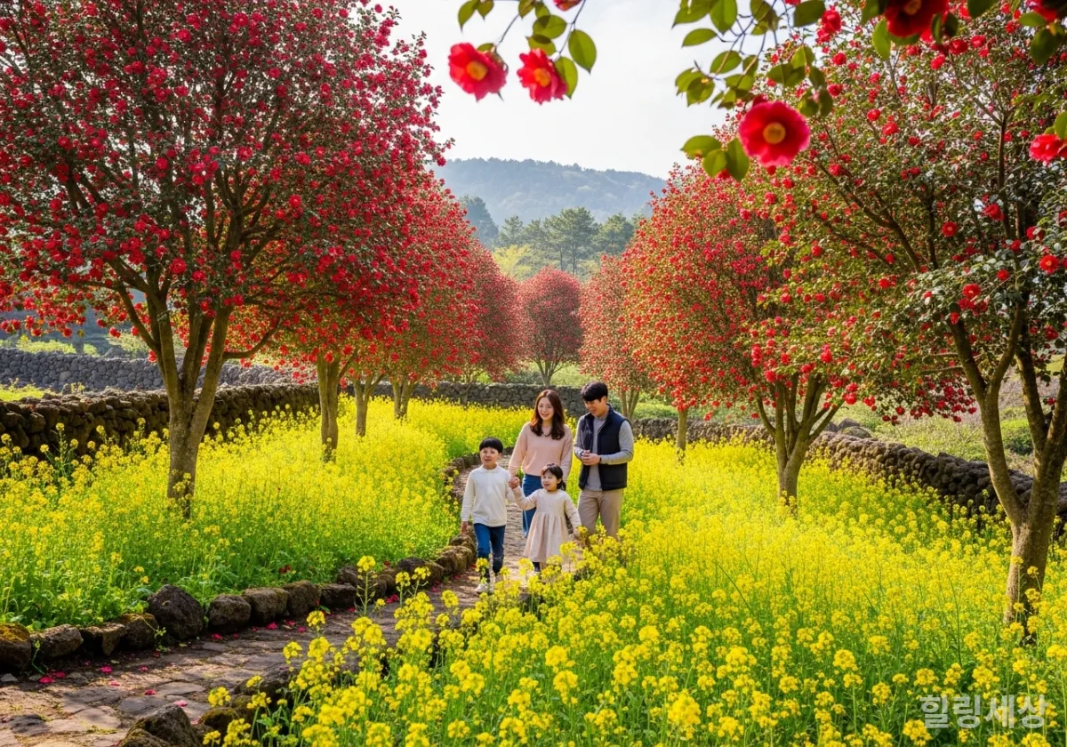 휴애리 자연생활공원에서 동백꽃과 유채꽃이 동시에 핀 아름다운 산책로