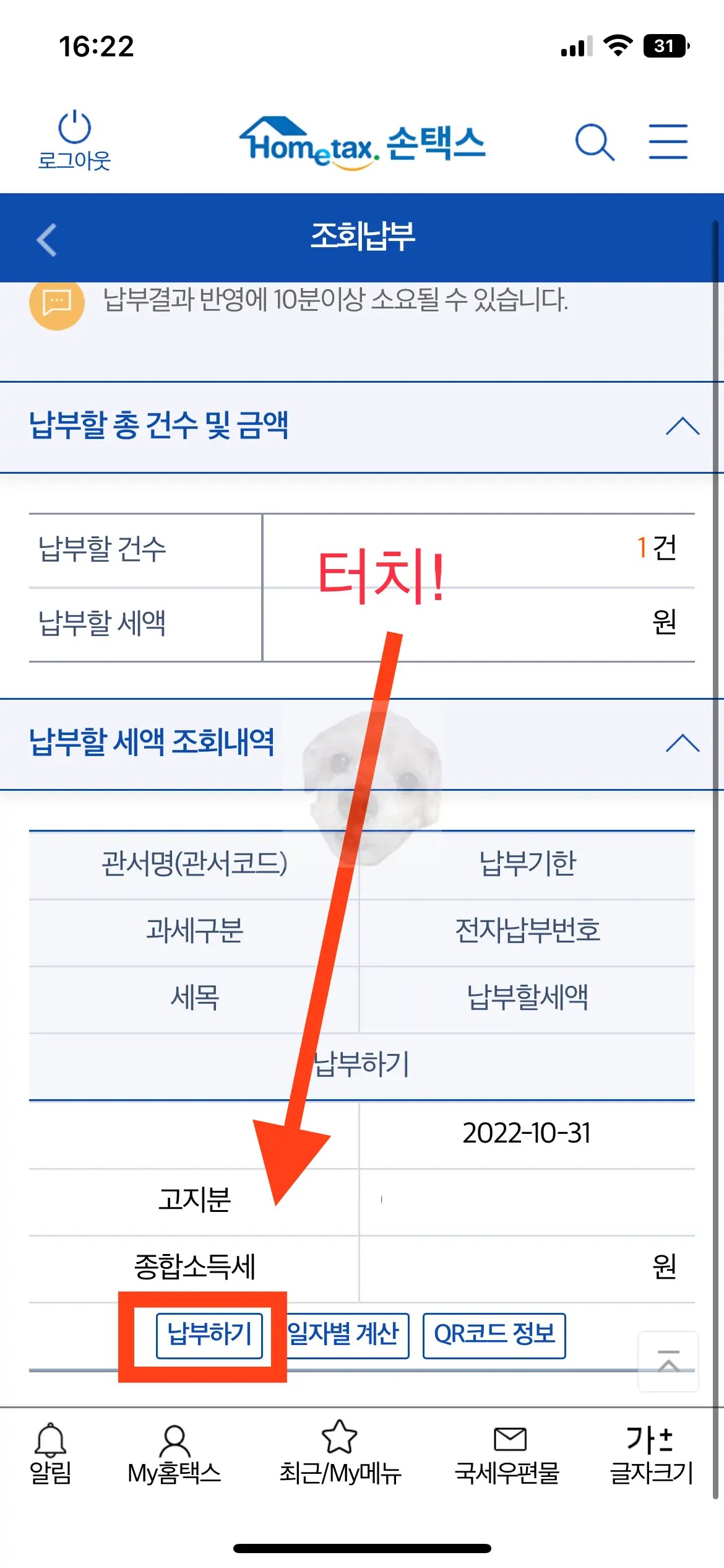 손택스 바로 세금 납부 하는 사진
