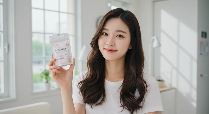방안에서 콜라겐 제품을 들고있는 여자 이미지