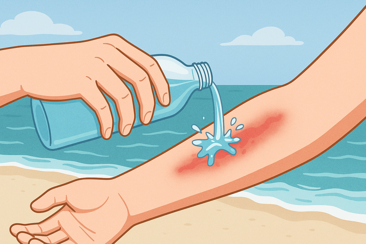 바닷가에서 붉게 쏘인 팔 부위를 생수병으로 천천히 세척하는 장면