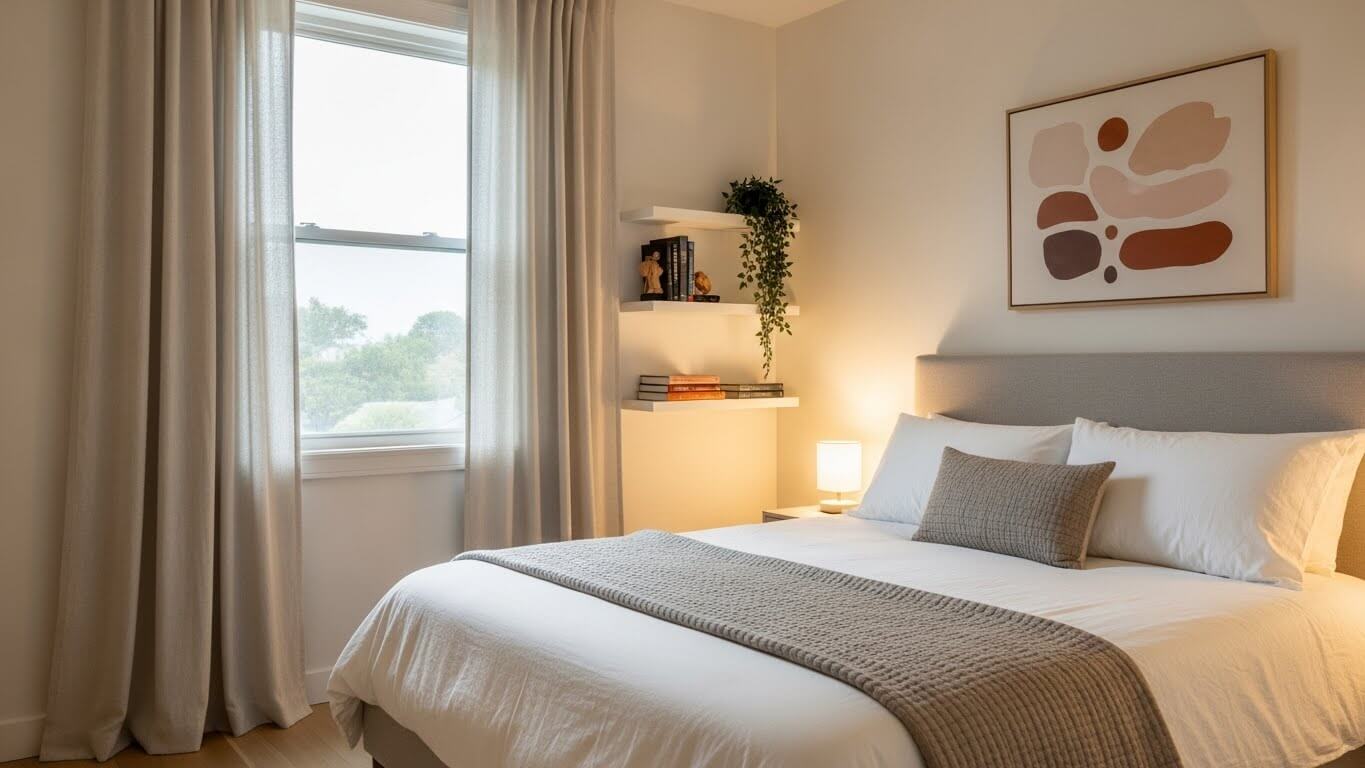 창문 옆에 침대가 있는 작은 방 인테리어. 따뜻한 조명과 벽 선반이 조화된 아늑한 침실 공간 디자인.