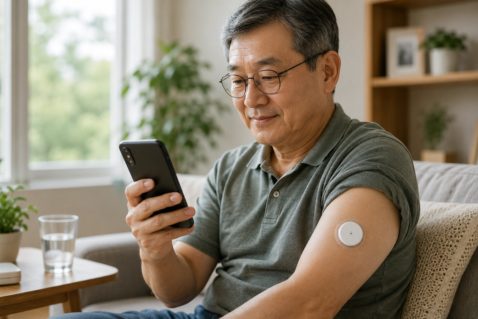 연속혈당측정기(CGM)를 팔에 부착한 중년 남성이 스마트폰으로 혈당 데이터를 확인하는 모습 