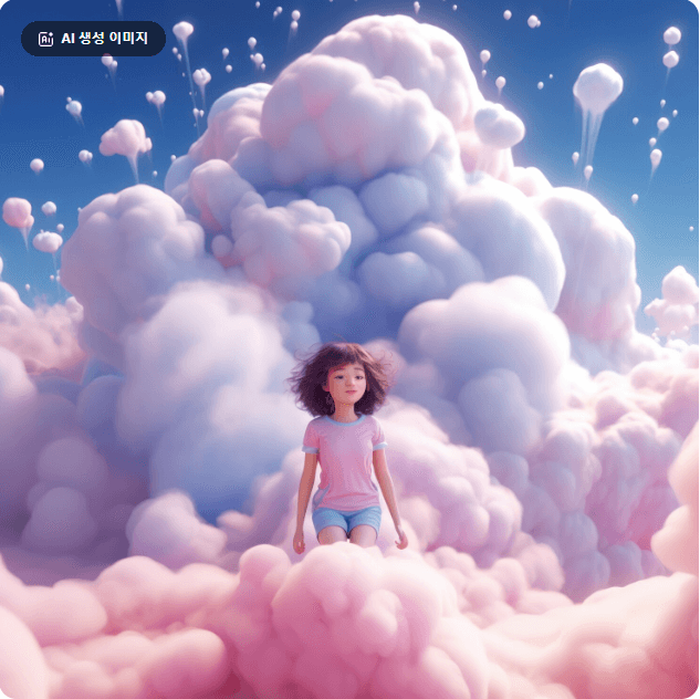 구름 속 꼬마 여자 아이가 앉아 있는 모습