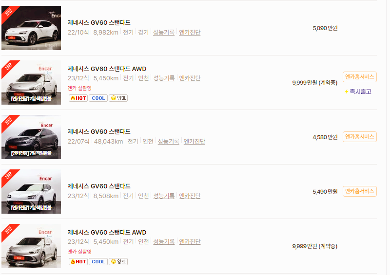 제네시스 GV60 중고차 가격 시세표 24년10월