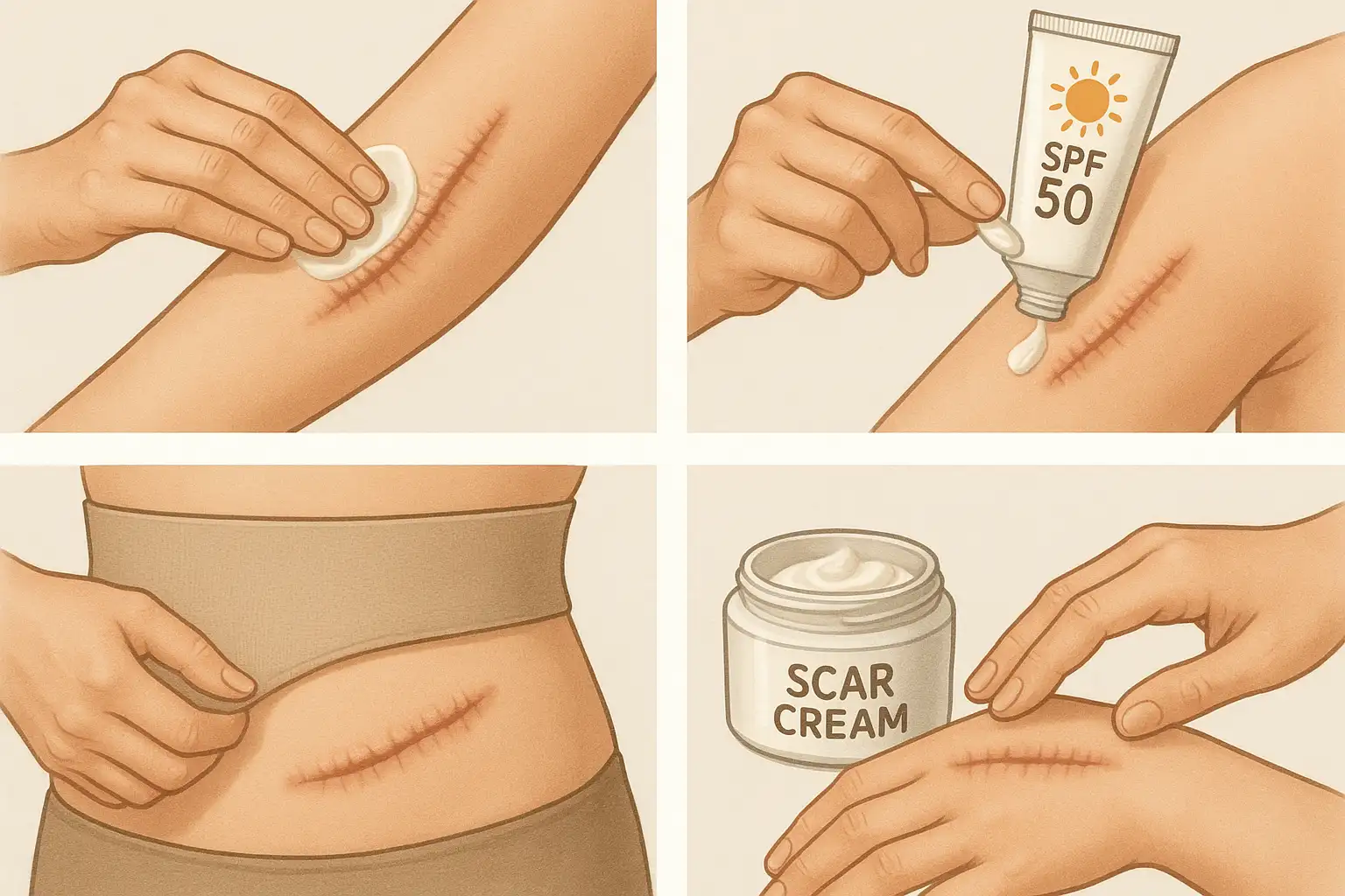 인체의 여러 부위 흉터를 관리하는 장면, 보습제 바르기, 자외선 차단제 사용, 압박 의복, 흉터 크림