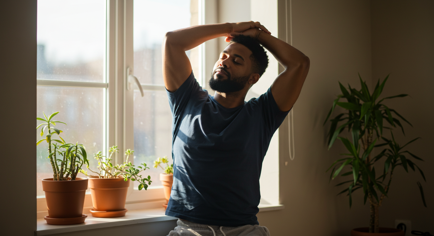 창가에서 한 남성이 햇살을 받으며 스트레칭하는 모습