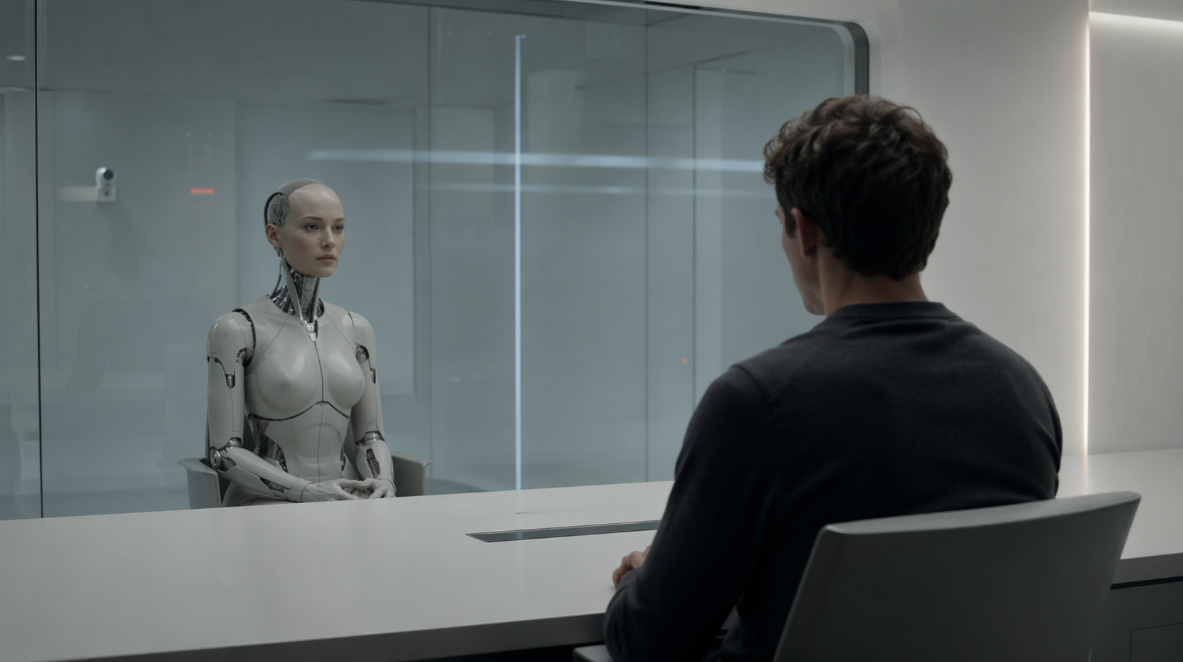 유리벽 너머에 앉은 여성형 로봇과 그 앞에서 긴장한 채 마주 보는 남자가 있는 미래 실험실 장면