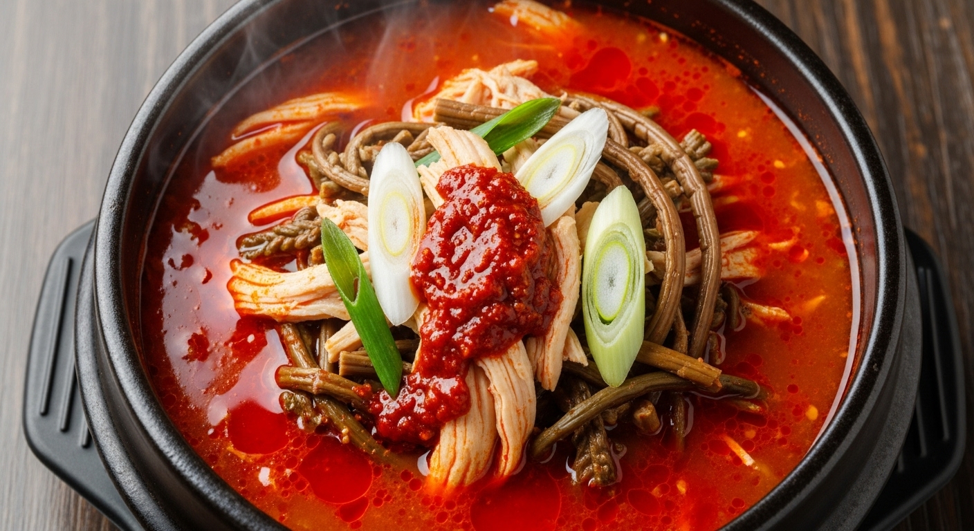 매콤한 김치 닭개장 수프가 담긴 뚝배기, 얼큰한 맛으로 환절기 입맛을 돋우는 모습.