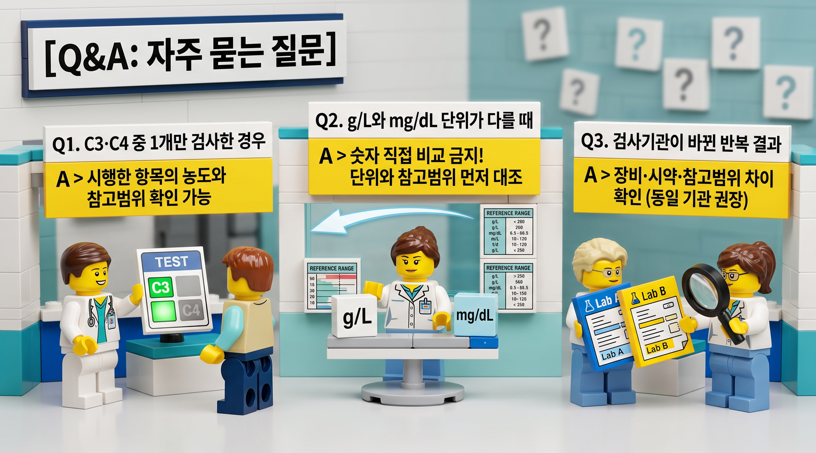 보체 검사 관련 주요 질문과 답변을 안내하는 레고 Q&A 안내소 디오라마