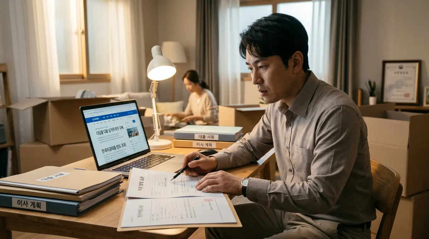 직장 발령 등 정당한 예외 사유로 디딤돌 대출 실거주 의무를 유예받고 새로 이사 갈 집의 전세 자금 대출을 알아보는 모습