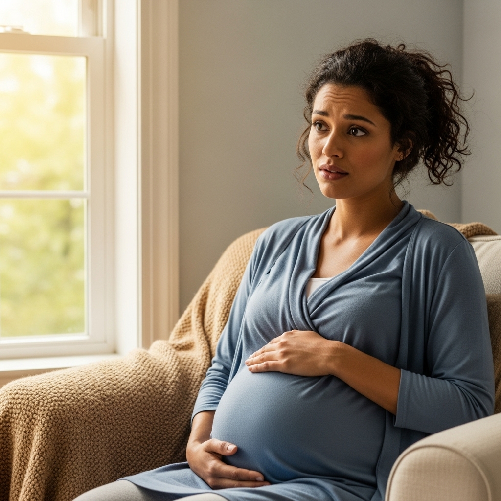 임신 막달에 가진통과 진진통을 구분하려 고민하며 배를 만지고 있는 임산부의 모습.