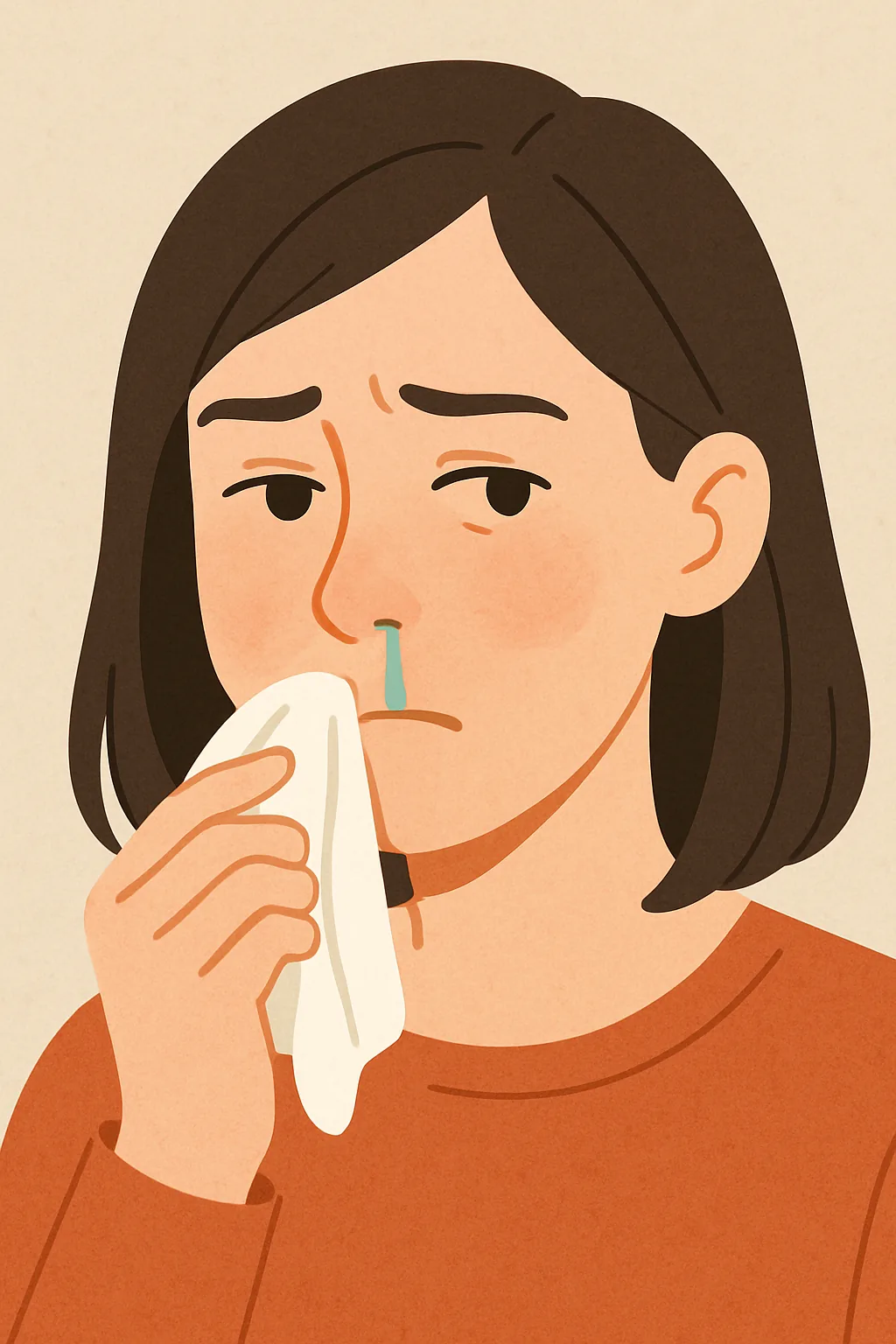 왜-왼쪽-코에서만-콧물이-나는지를-표현한-일러스트-왼쪽-콧구멍에서-콧물이-흐르는-여성과-휴지를-들고-있는-모습