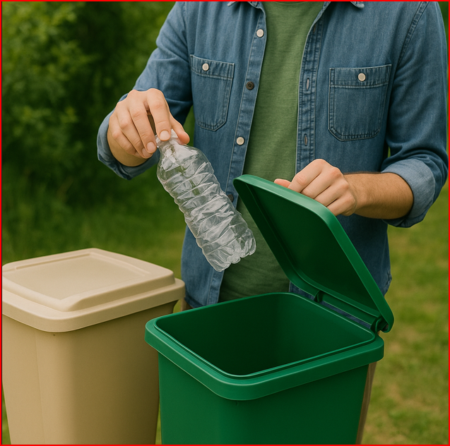 페트병을 휴지통에 버리는 사진