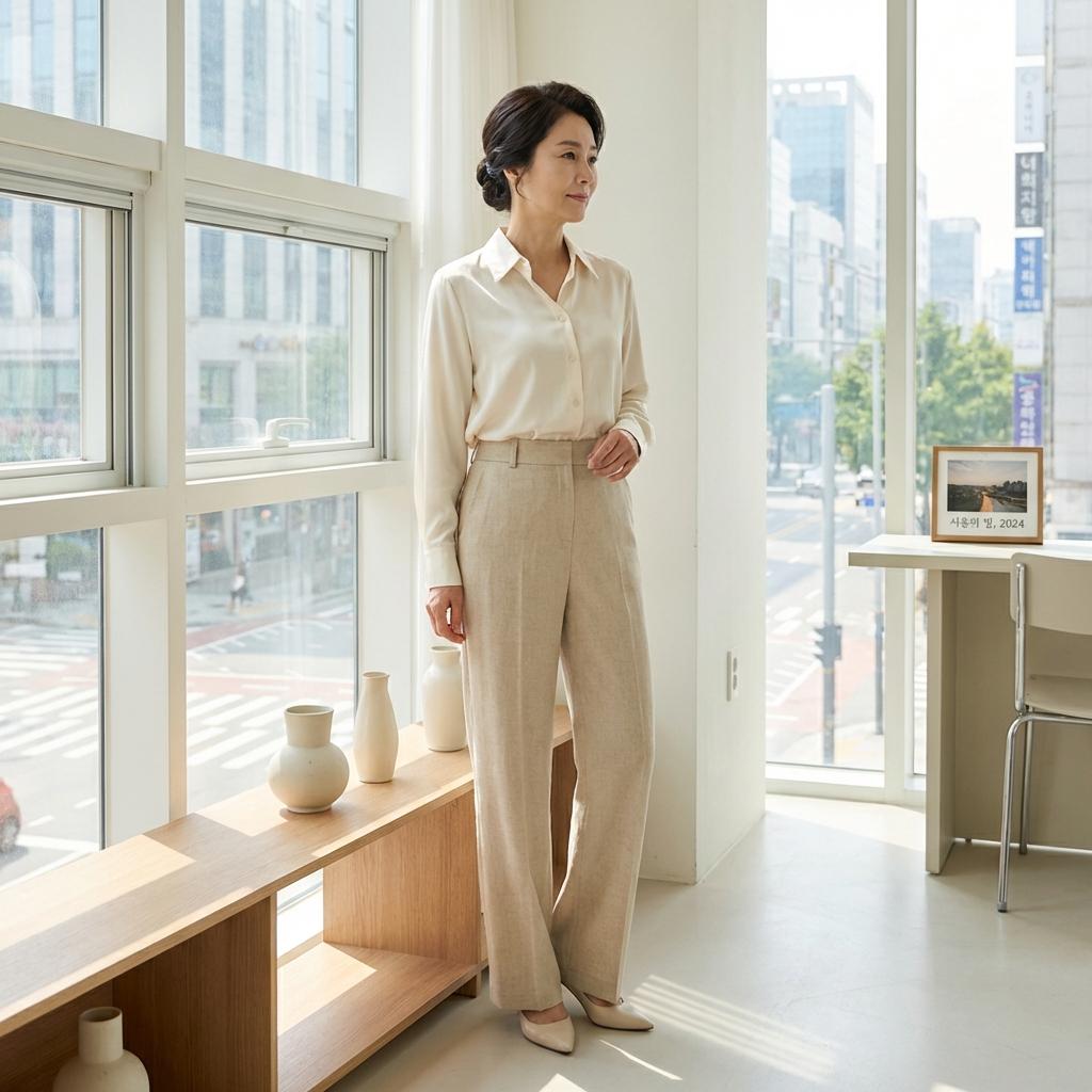 키 작은 중년 여성을 위한 하이웨스트 와이드 팬츠