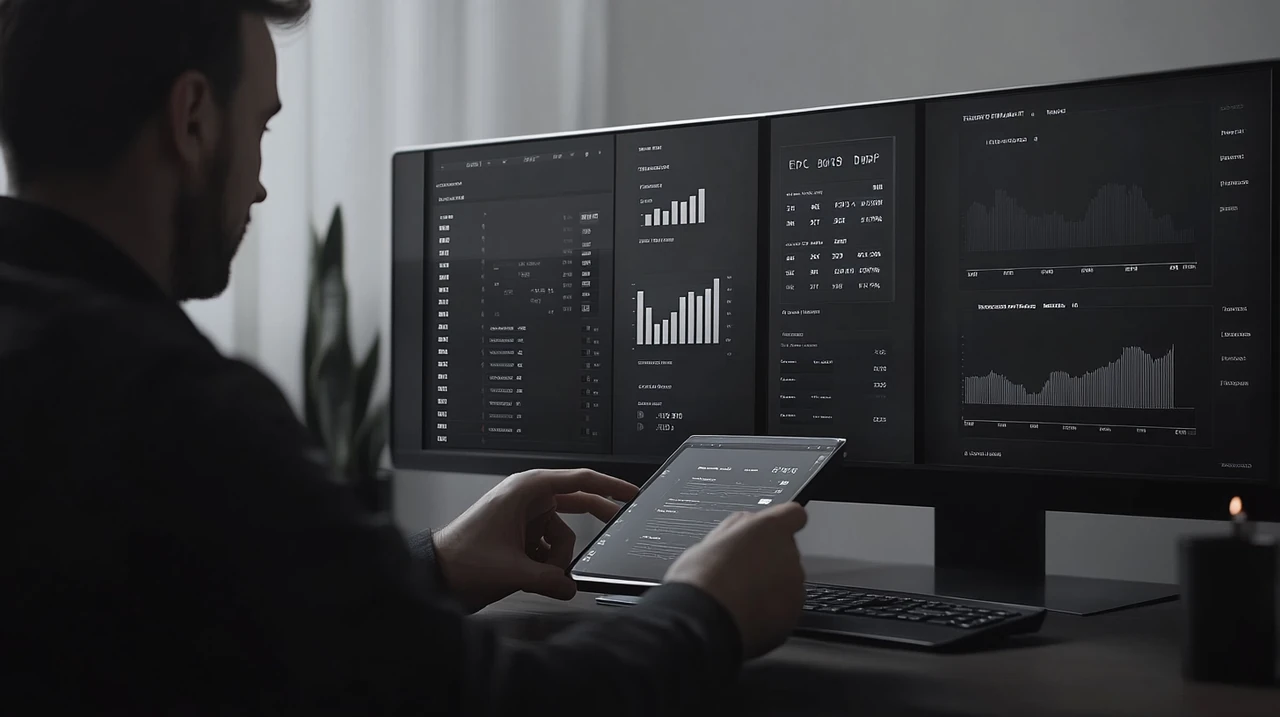 투자자가 디지털 기기를 활용하여 다양한 ETF 옵션을 분석하면서 높은 배당 수익률을 강조하는 그래프들을 검토하는 모습을 보여줍니다. 배당 투자와 관련된 세밀한 분석과 집중된 검토의 중요성이 드러납니다.