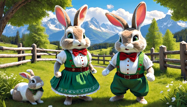 나무 울타리 안 풀밭에 토끼가족 3명이 있다. 엄마는 초록색 치마를 입고, 아빠는 초록색 멜빵바지를 입었다.