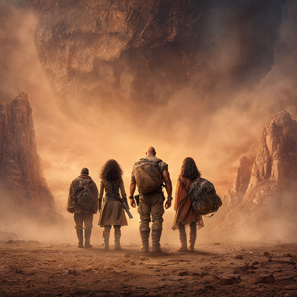 사막 배경에 주인공 4명이 서 있는 장면