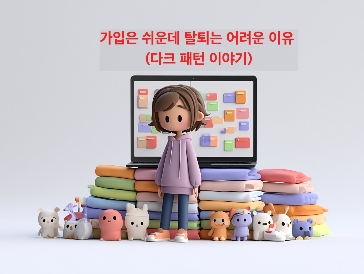 온라인 쇼핑 화면에서 다크 패턴 때문에 혼란스러워하는 사용자 일러스트