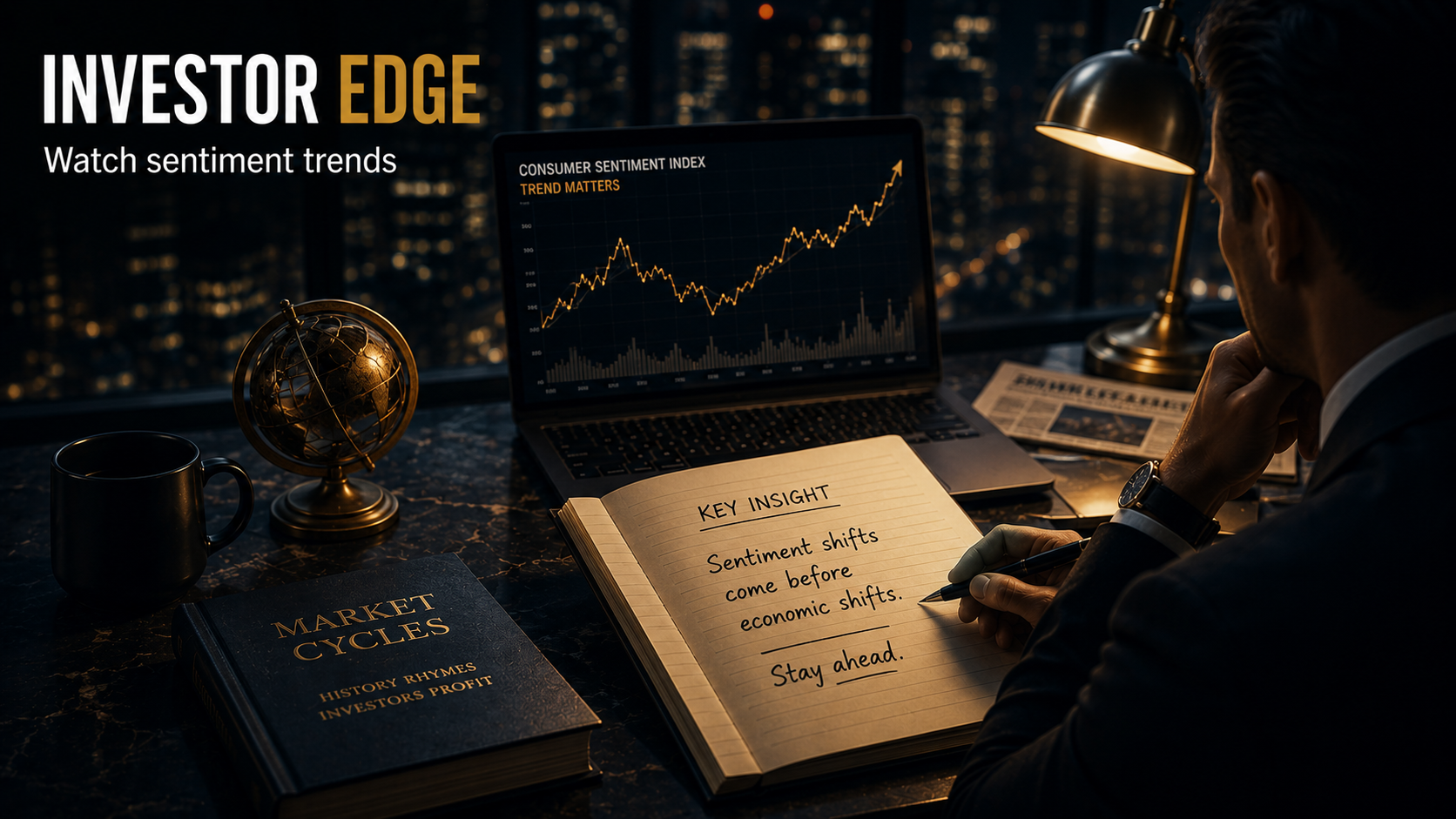 Investor analyzing consumer sentiment trends to identify long-term market opportunities.