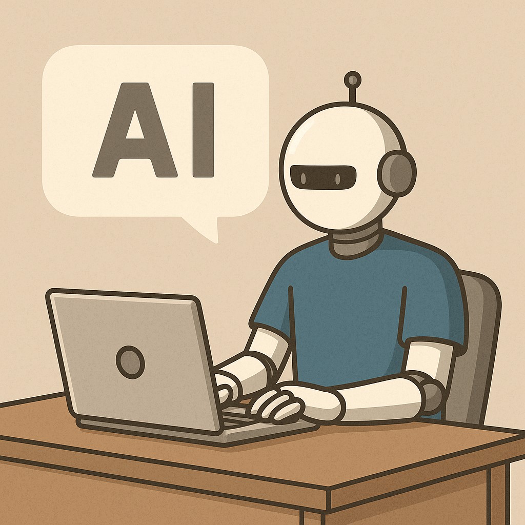 노트북으로 작업하는 AI 로봇 일러스트