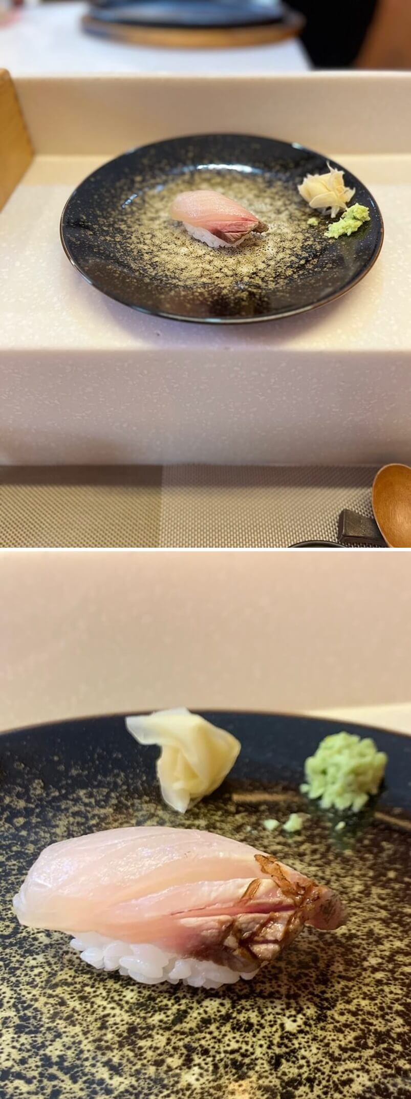 끝이 살짝 익혀진 잿방어 초밥