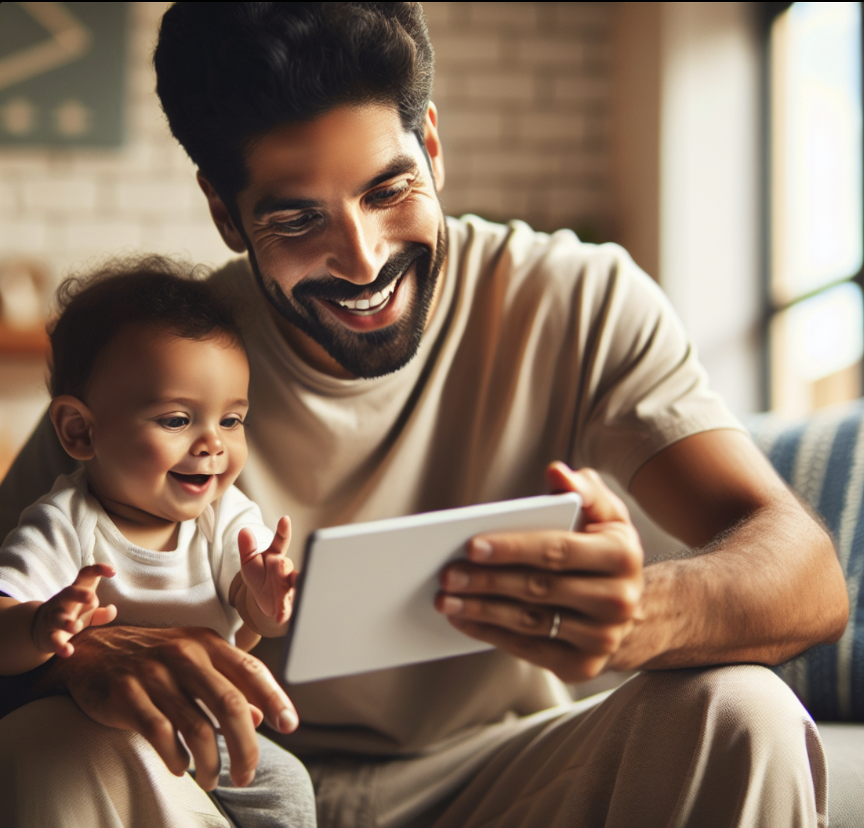태블릿으로 육아하는 아빠의 모습