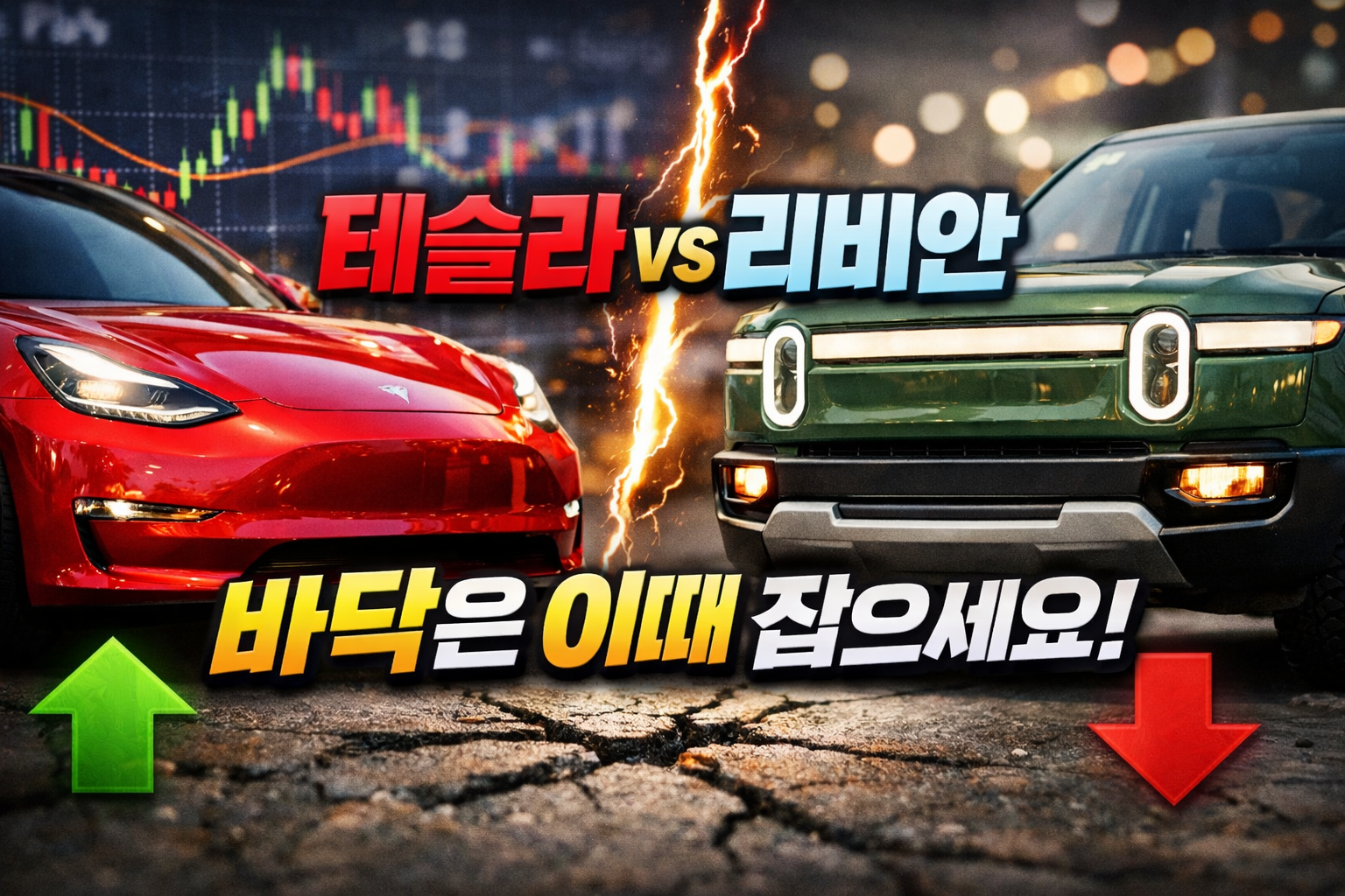 테슬라와 리비안 차량을 대비한 전기차 주식 비교 썸네일, ‘테슬라 vs 리비안’ ‘바닥은 이제 잡으세요!’ 문구와 상승·하락 화살표가 보임
