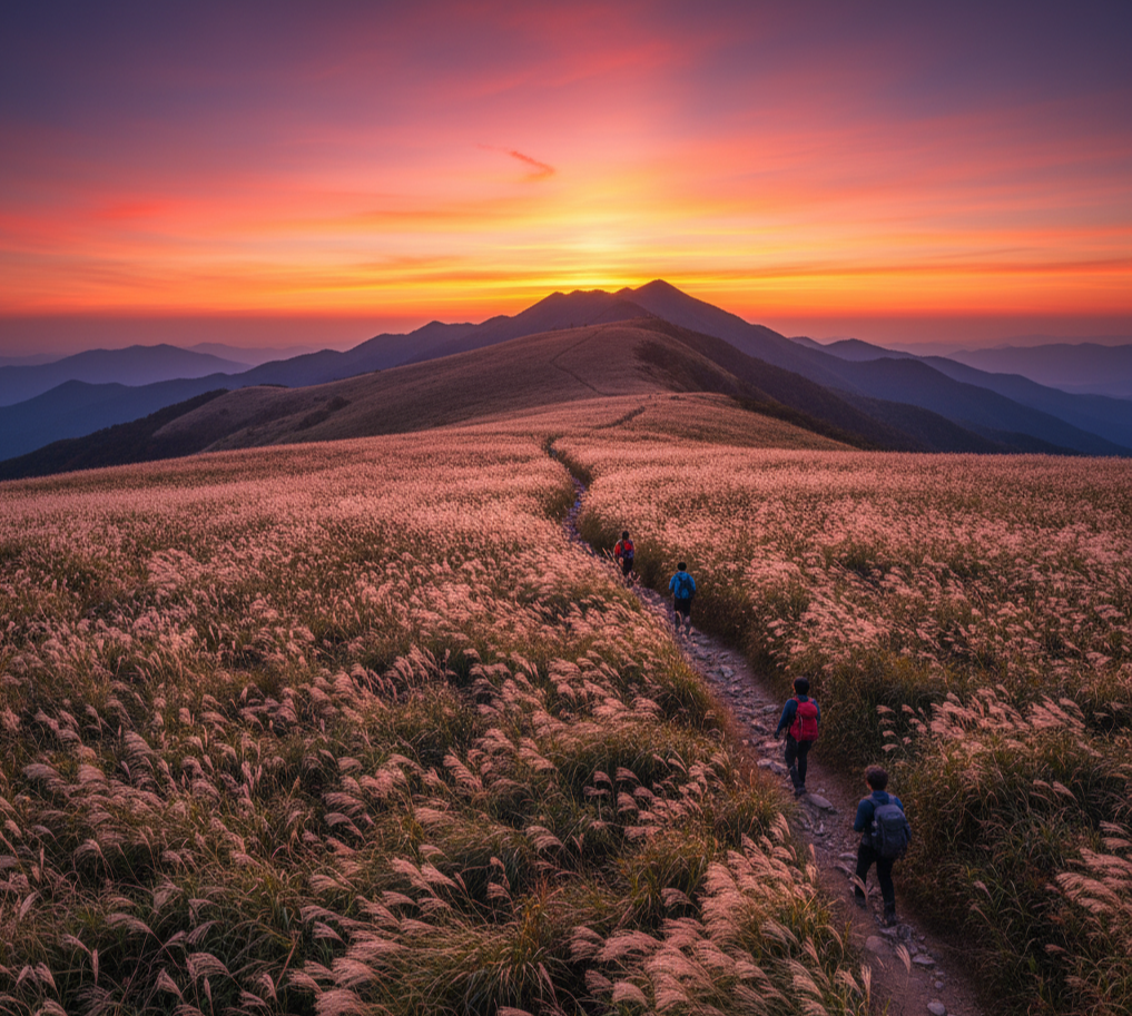 민둥산 정상의 억새밭과 석양