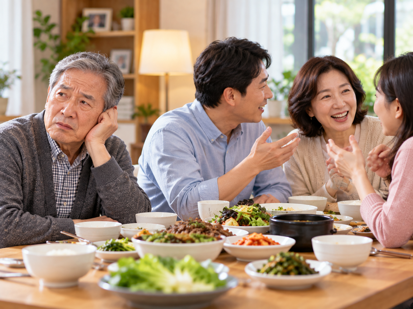 가족들이 대화하는 자리에서 이야기를 잘 듣지 못해 조용히 앉아 있는 어르신의 모습