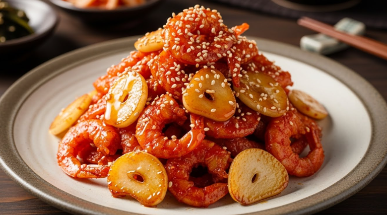 반짝반짝 윤기가 흐르고 바삭해 보이는 건새우 볶음이 예쁜 접시에 담긴 모습.